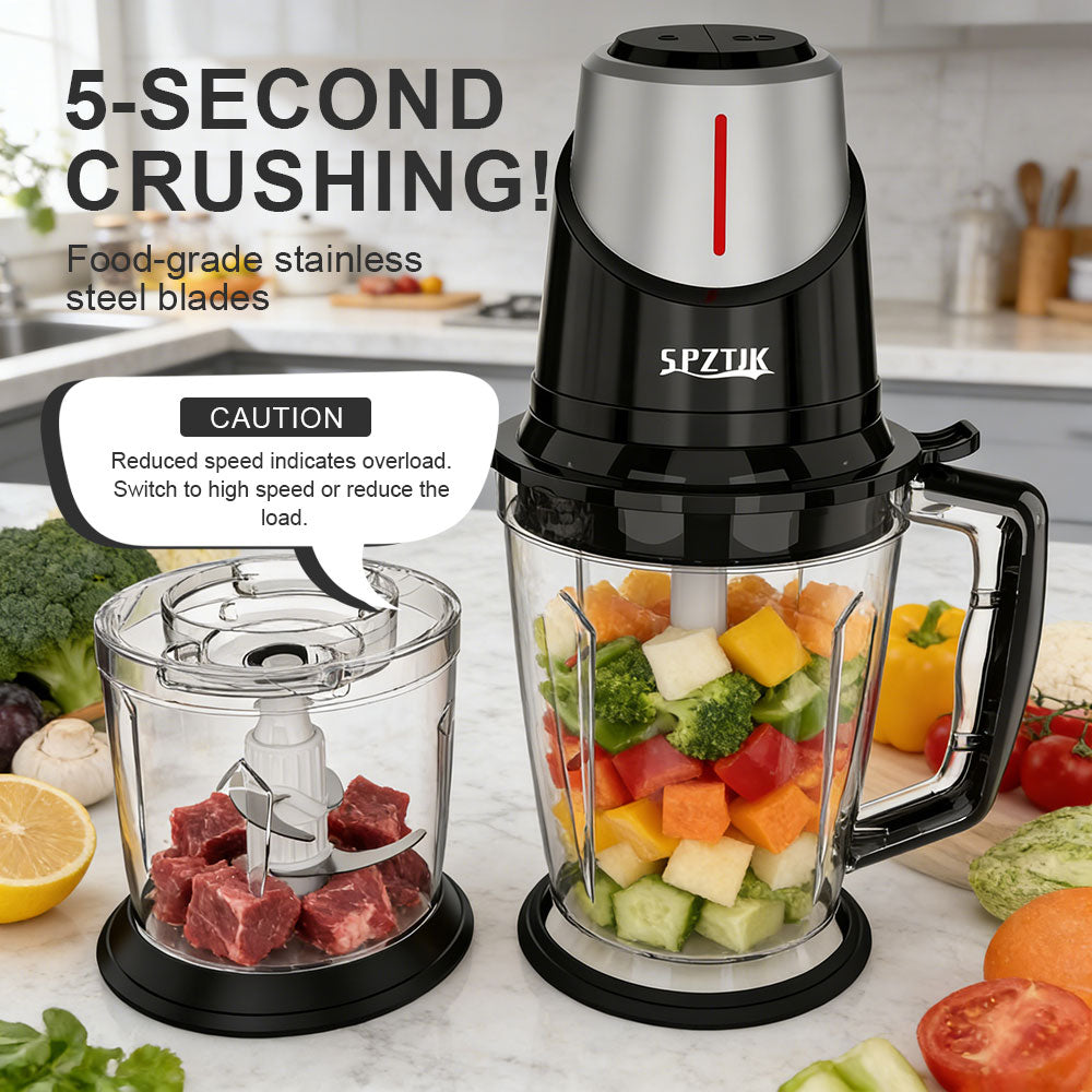 SPZTIK Dual Glass Bowl Electric Food Chopper Meat Grinder, Black Silver 2 Size Glass Containers with 2 Sets Stainless Steel Blades, 2 Speed Control Multifunctional Food Processor for Meat Vegetable Baby Puree Home Daily Cooking Holiday Meal Prep