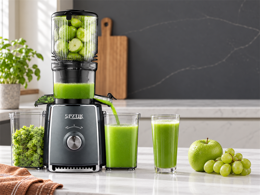 Slow juicer with fruit and fresh juice
