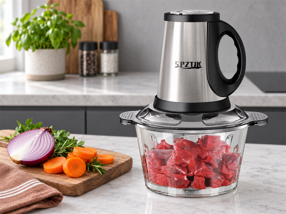 Food chopper with ingredients on a kitchen worktop
