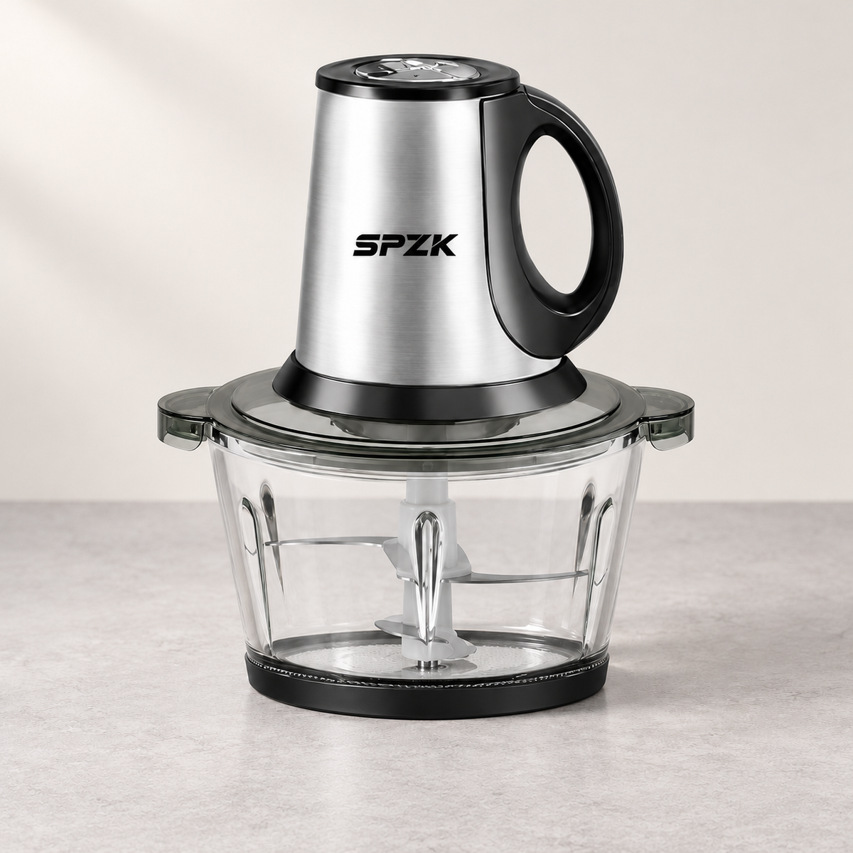 SPZTJK 3-Speed Electric Food Processor: Meat Grinder, Vegetable Chopper & Baby Food Maker - 300W, 2 Bowls (8 Cup Stainless Steel+8 Cup Glass), Quiet Operation