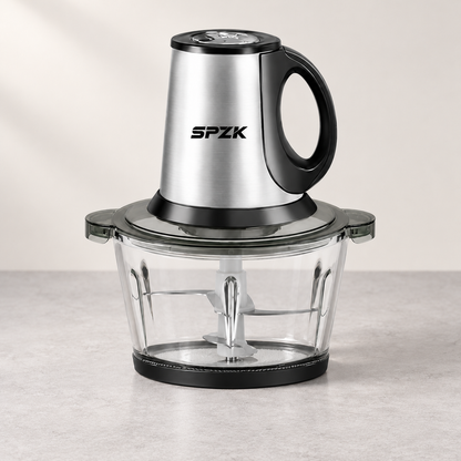 SPZTJK 3-Speed Electric Food Processor: Meat Grinder, Vegetable Chopper & Baby Food Maker - 300W, 2 Bowls (8 Cup Stainless Steel+8 Cup Glass), Quiet Operation