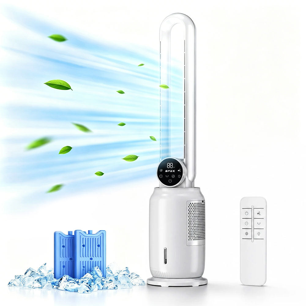 SPZK Bladeless Tower Fan with Air Cooler Function, 3-in-1 Quiet Cooling Fan with Remote Control & LED Display, 9-Speed Adjustable Bladeless Fan for Bedroom, Home Office & Summer Use