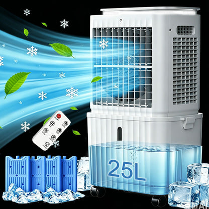 SPZK 25L Large Water Tank Evaporative Air Cooler, White Portable Swamp Cooler Fan with Remote Control & 4 Ice Packs, 3 Wind Speed Movable Cooling Air Conditioner for Home Warehouse Summer Heat Relief & Commercial Use