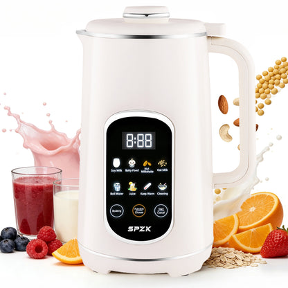 SPZK White Multi-Functional Soy Milk Maker 800ml Mini Automatic Nut Milk Blender, 8 Preset Programs Digital Display Almond Oat Milk Maker with Self-Clean & Keep Warm Function, Portable Soup Juice Baby Food Maker for Home Daily Breakfast Camping Travel