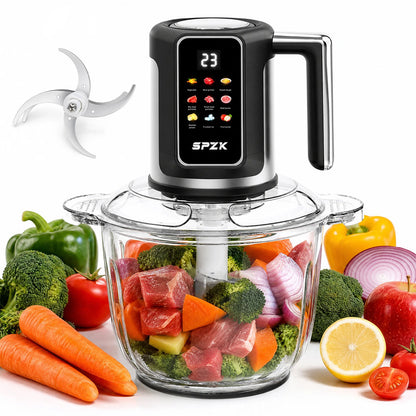 SPZK Digital Control Electric Meat Chopper with Big Transparent Glass Container, 10 Function Food Grinder Mincer with Replacement 3-Blade Cutter, Easy Clean Food Processor for Baby Puree, Bread Dough, Garlic Paste, Family Spring Summer Cooking