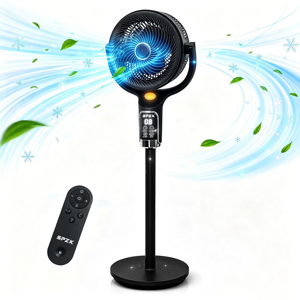 SPZK Black 360° Oscillating Standing Air Circulator Fan, Height Adjustable Pedestal Turbo Fan with Remote Control & LED Digital Display, 8 Speed Quiet Whole Room Air Circulation Fan for Bedroom Living Room Summer Home Cooling, Built-in Timer & Night Light