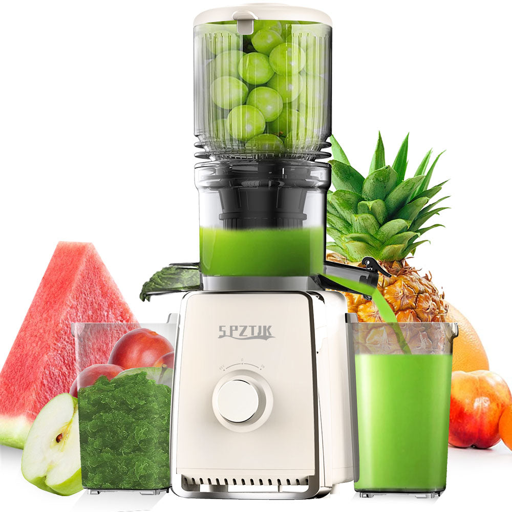 SPZTIK Wide Feed Chute Slow Masticating Juicer, Dark Grey Cold Press Juice Extractor, Reverse Anti-Clog Design Quiet Fruit Vegetable Juicer with Juice Cup & Pulp Container, Easy Clean Masticating Juicer for Home Kitchen Summer Detox Homemade Juice Making
