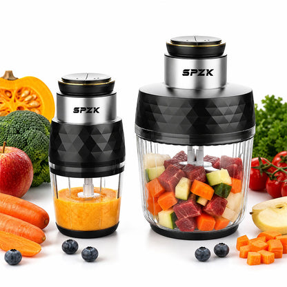 SPZK 2 Cup Set Electric Mini Food Chopper 250ml&500ml Glass Bowl Meat Grinder, 304 Stainless Steel Blade, One Touch Control, Portable Blender for Baby Food, Garlic, Onion, Fruits, Vegetables, Kitchen Gadget for Home Camping Daily Cooking