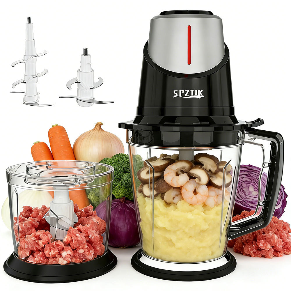SPZTIK Dual Glass Bowl Electric Food Chopper Meat Grinder, Black Silver 2 Size Glass Containers with 2 Sets Stainless Steel Blades, 2 Speed Control Multifunctional Food Processor for Meat Vegetable Baby Puree Home Daily Cooking Holiday Meal Prep