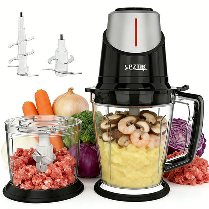 SPZTIK Dual Glass Bowl Electric Food Chopper Meat Grinder, Black Silver 2 Size Glass Containers with 2 Sets Stainless Steel Blades, 2 Speed Control Multifunctional Food Processor for Meat Vegetable Baby Puree Home Daily Cooking Holiday Meal Prep