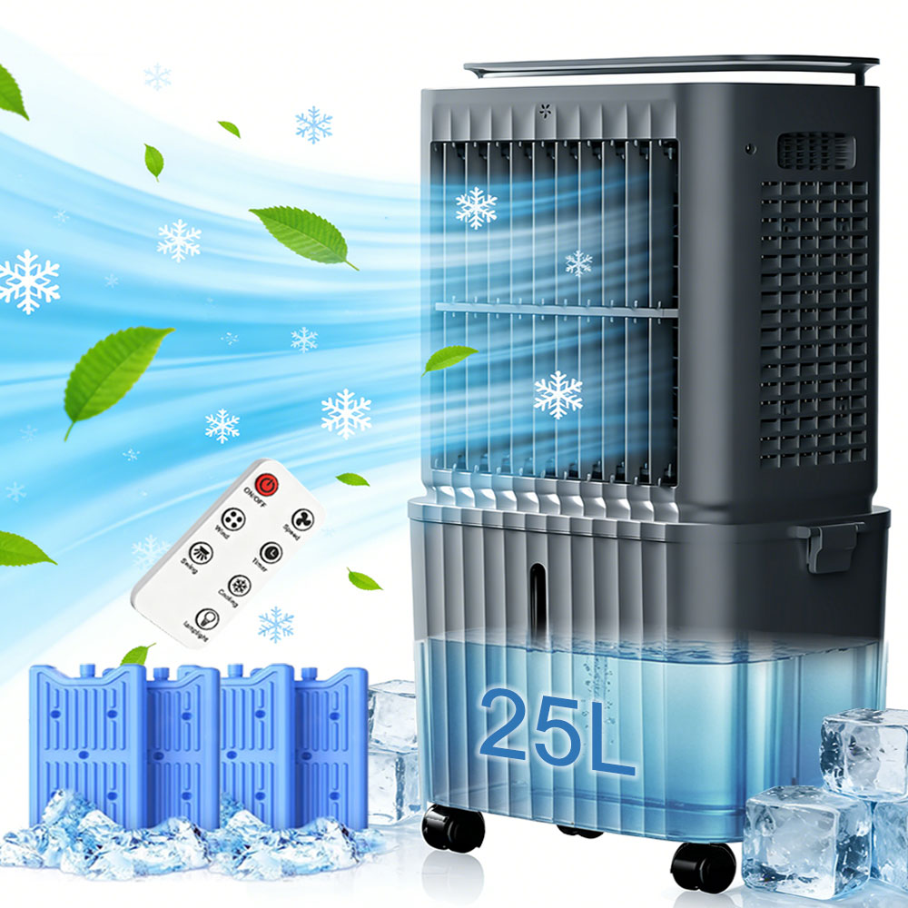 SPZK 25L Large Water Tank Evaporative Air Cooler, White Portable Swamp Cooler Fan with Remote Control & 4 Ice Packs, 3 Wind Speed Movable Cooling Air Conditioner for Home Warehouse Summer Heat Relief & Commercial Use