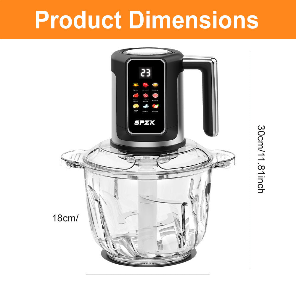 SPZK Digital Control Electric Meat Chopper with Big Transparent Glass Container, 10 Function Food Grinder Mincer with Replacement 3-Blade Cutter, Easy Clean Food Processor for Baby Puree, Bread Dough, Garlic Paste, Family Spring Summer Cooking