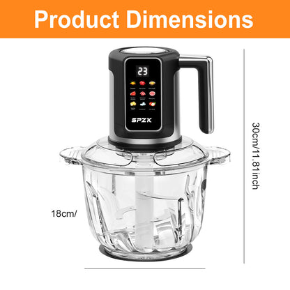 SPZK Digital Control Electric Meat Chopper with Big Transparent Glass Container, 10 Function Food Grinder Mincer with Replacement 3-Blade Cutter, Easy Clean Food Processor for Baby Puree, Bread Dough, Garlic Paste, Family Spring Summer Cooking