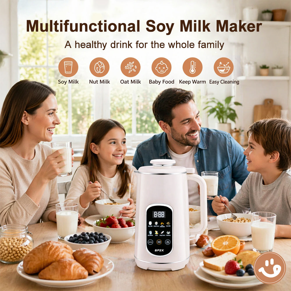 SPZK White Multi-Functional Soy Milk Maker 800ml Mini Automatic Nut Milk Blender, 8 Preset Programs Digital Display Almond Oat Milk Maker with Self-Clean & Keep Warm Function, Portable Soup Juice Baby Food Maker for Home Daily Breakfast Camping Travel