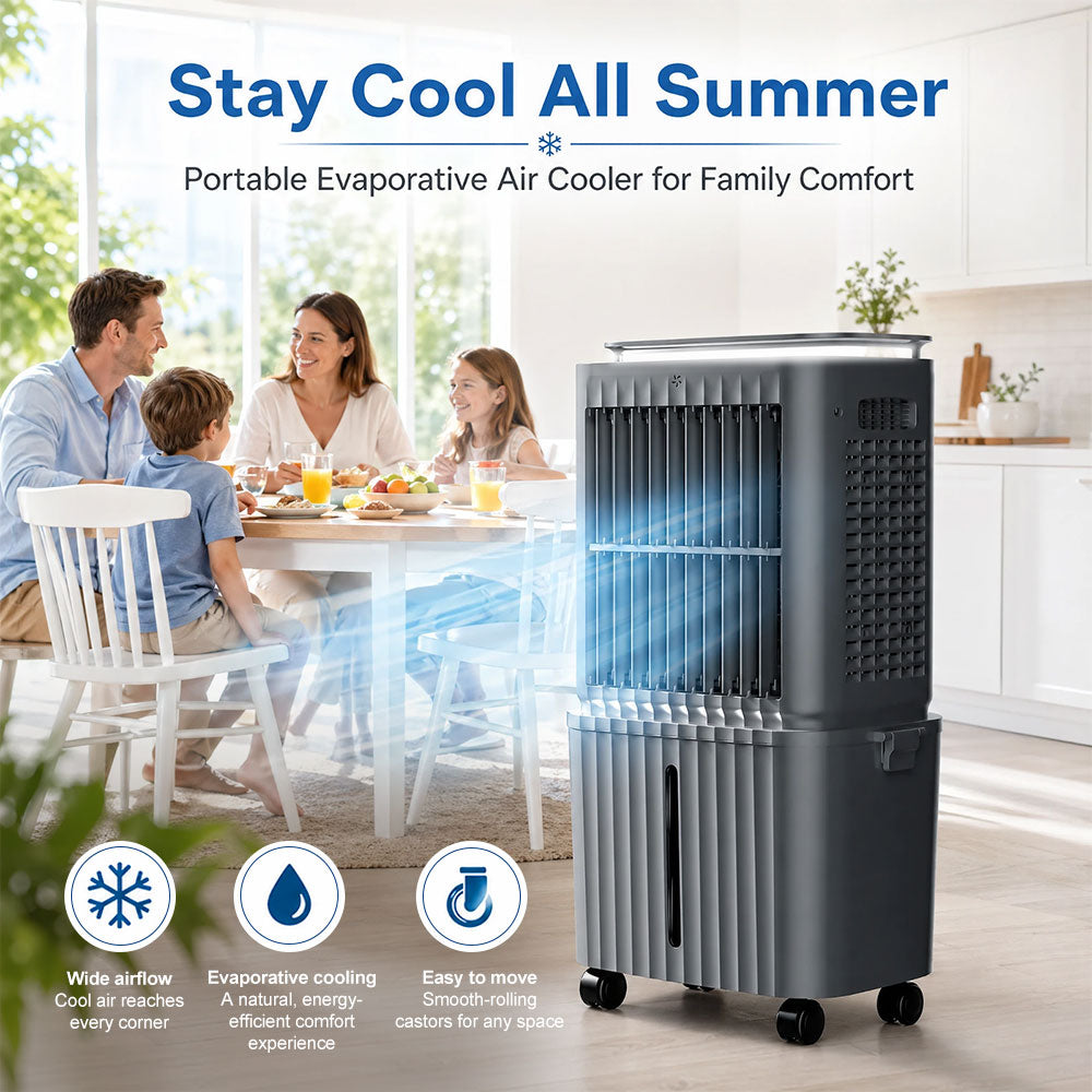 SPZK 25L Large Water Tank Evaporative Air Cooler, White Portable Swamp Cooler Fan with Remote Control & 4 Ice Packs, 3 Wind Speed Movable Cooling Air Conditioner for Home Warehouse Summer Heat Relief & Commercial Use