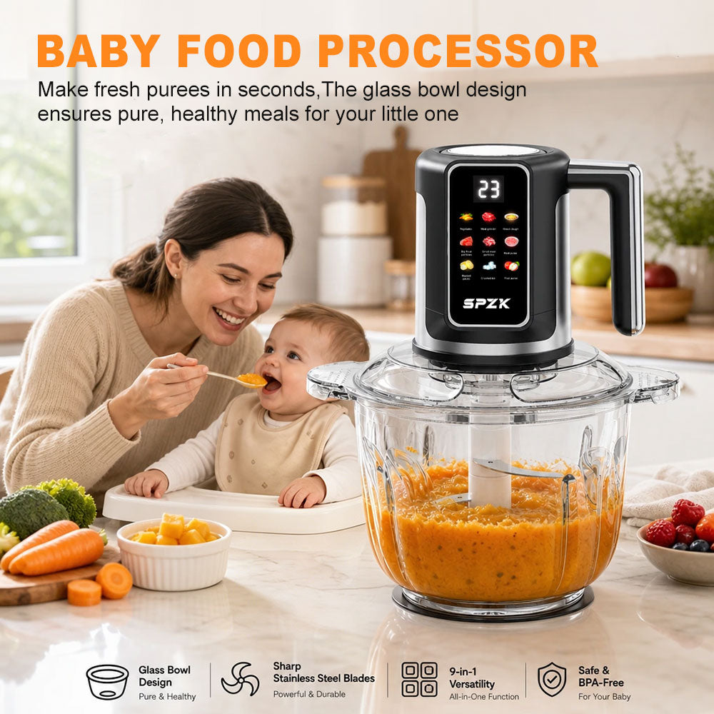 SPZK Digital Control Electric Meat Chopper with Big Transparent Glass Container, 10 Function Food Grinder Mincer with Replacement 3-Blade Cutter, Easy Clean Food Processor for Baby Puree, Bread Dough, Garlic Paste, Family Spring Summer Cooking