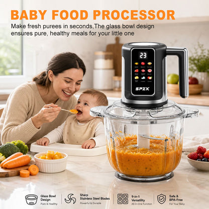 SPZK Digital Control Electric Meat Chopper with Big Transparent Glass Container, 10 Function Food Grinder Mincer with Replacement 3-Blade Cutter, Easy Clean Food Processor for Baby Puree, Bread Dough, Garlic Paste, Family Spring Summer Cooking