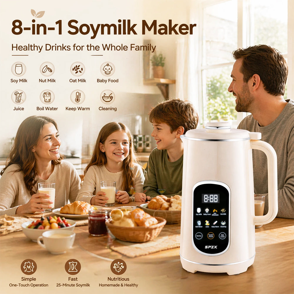 SPZK White Multi-Functional Soy Milk Maker 800ml Mini Automatic Nut Milk Blender, 8 Preset Programs Digital Display Almond Oat Milk Maker with Self-Clean & Keep Warm Function, Portable Soup Juice Baby Food Maker for Home Daily Breakfast Camping Travel