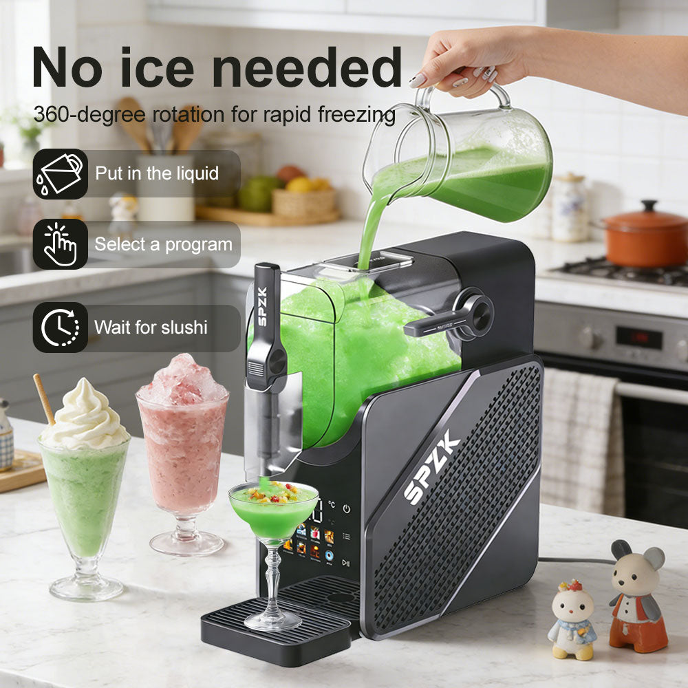 SPZK Slushie Machine No Ice Needed, Slushy Machine for Home, 88oz Frozen Drink Maker with 3 Preset Programs for Ice Slush, Snow Slush, Milkshake, Adjustable Hardness, LED Display, Self-Cleaning, Black