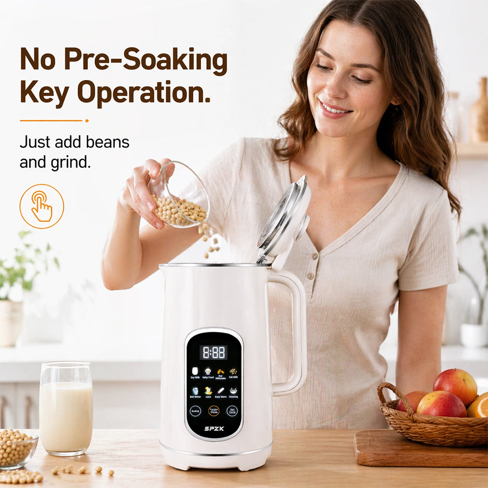 SPZK White Multi-Functional Soy Milk Maker 800ml Mini Automatic Nut Milk Blender, 8 Preset Programs Digital Display Almond Oat Milk Maker with Self-Clean & Keep Warm Function, Portable Soup Juice Baby Food Maker for Home Daily Breakfast Camping Travel