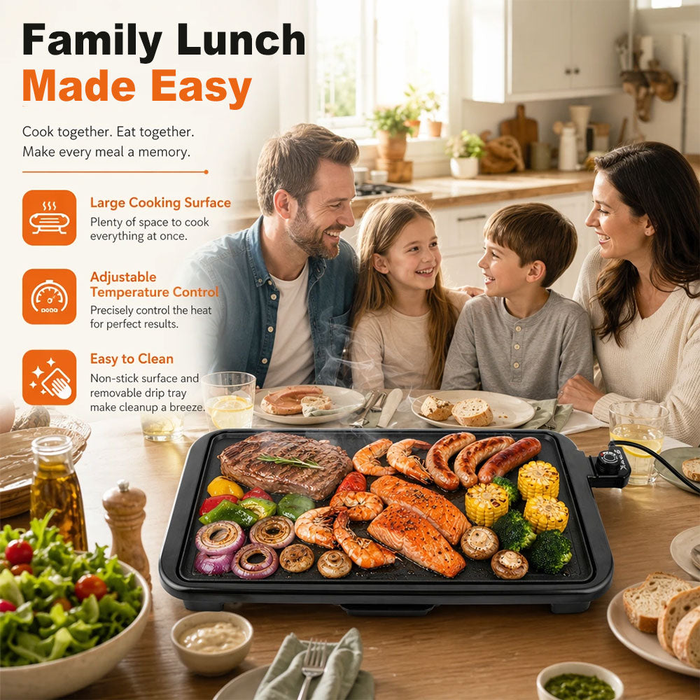 SPZK Family-Sized Electric Flat Top Griddle, 20" Large Cooking Surface, Smokeless Non-Stick Electric Grill for Korean BBQ, Teppanyaki, Pancakes, Breakfast & Summer Backyard Parties