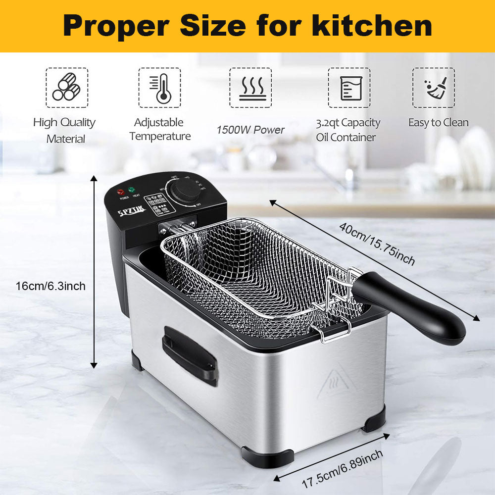 SPZTJK 1500W Stainless Steel Electric Deep Fryer | 3L Cups with View Window Lid