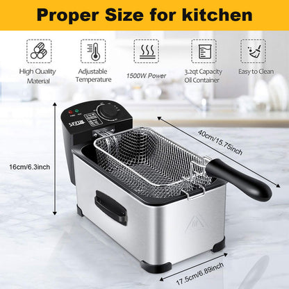 SPZTJK 1500W Stainless Steel Electric Deep Fryer | 3L Cups with View Window Lid