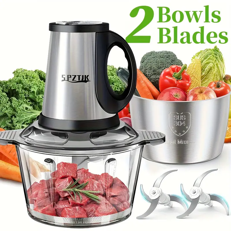 SPZTJK 3-Speed Electric Food Processor: Meat Grinder, Vegetable Chopper & Baby Food Maker - 300W, 2 Bowls (8 Cup Stainless Steel+8 Cup Glass), Quiet Operation