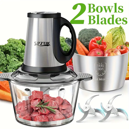 SPZTJK 3-Speed Electric Food Processor: Meat Grinder, Vegetable Chopper & Baby Food Maker - 300W, 2 Bowls (8 Cup Stainless Steel+8 Cup Glass), Quiet Operation
