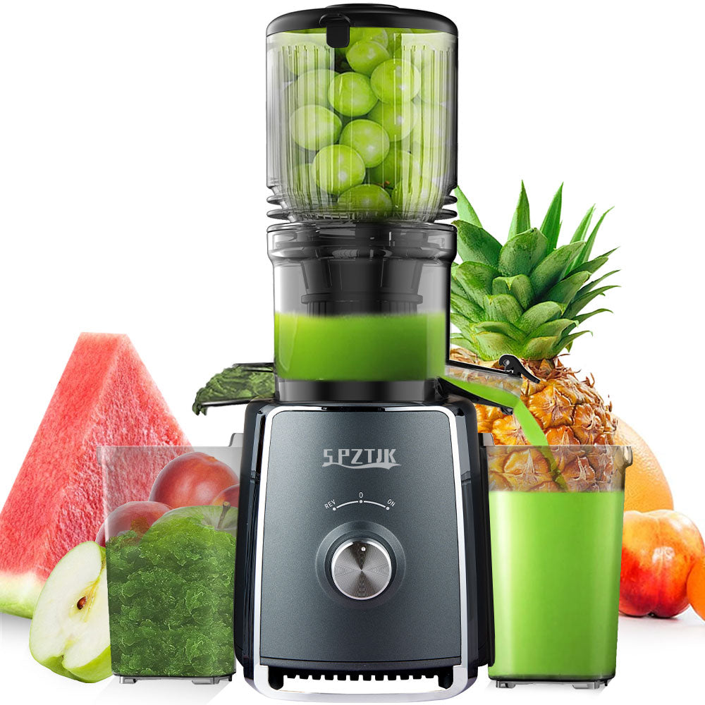 SPZTIK Wide Feed Chute Slow Masticating Juicer, Dark Grey Cold Press Juice Extractor, Reverse Anti-Clog Design Quiet Fruit Vegetable Juicer with Juice Cup & Pulp Container, Easy Clean Masticating Juicer for Home Kitchen Summer Detox Homemade Juice Making