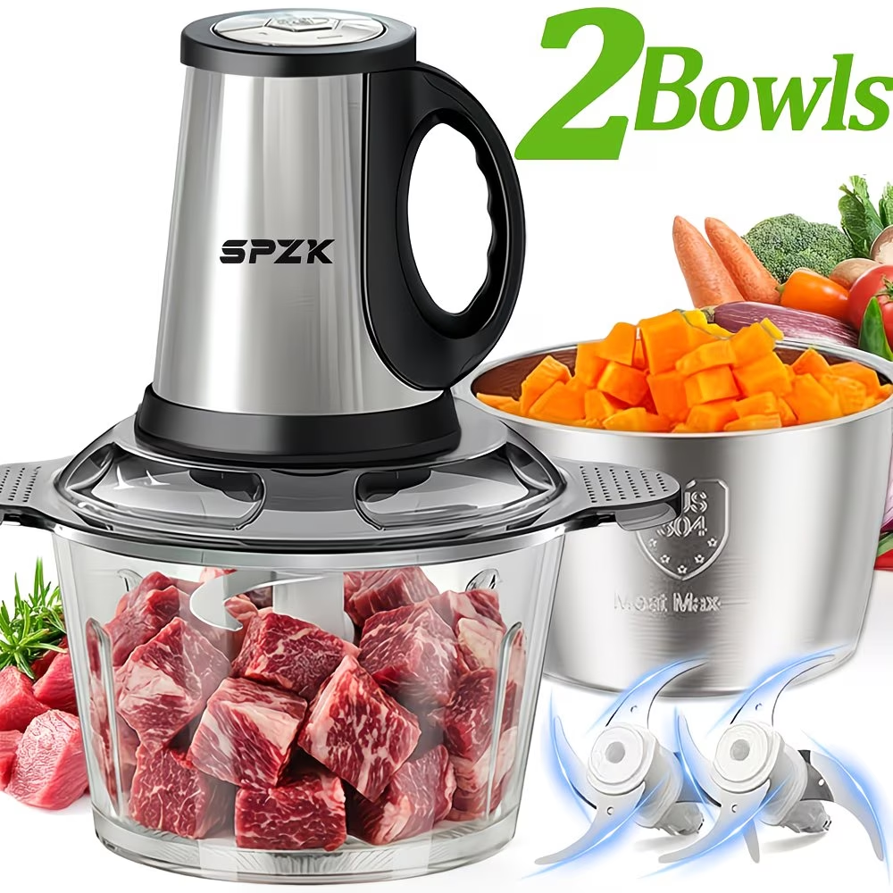 SPZTJK 3-Speed Electric Food Processor: Meat Grinder, Vegetable Chopper & Baby Food Maker - 300W, 2 Bowls (8 Cup Stainless Steel+8 Cup Glass), Quiet Operation
