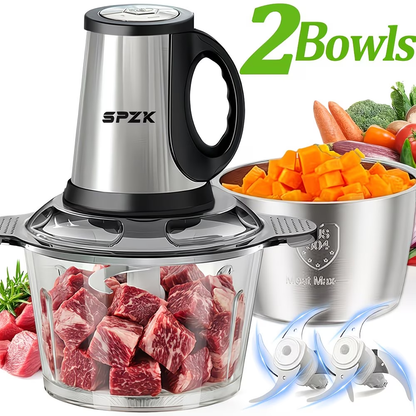 SPZTJK 3-Speed Electric Food Processor: Meat Grinder, Vegetable Chopper & Baby Food Maker - 300W, 2 Bowls (8 Cup Stainless Steel+8 Cup Glass), Quiet Operation