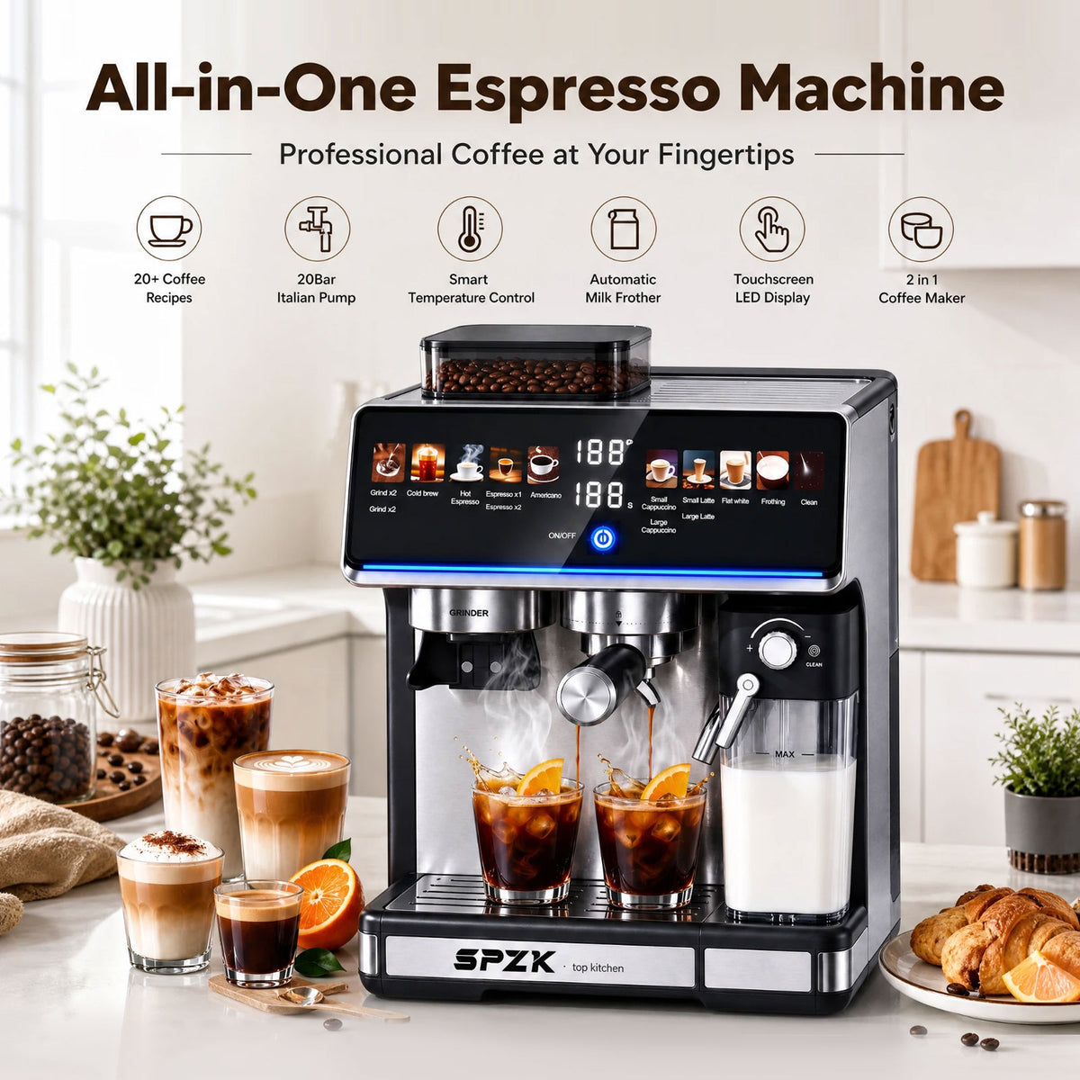 SPZK Espresso Machine with Grinder & Milk Frother | CM5703