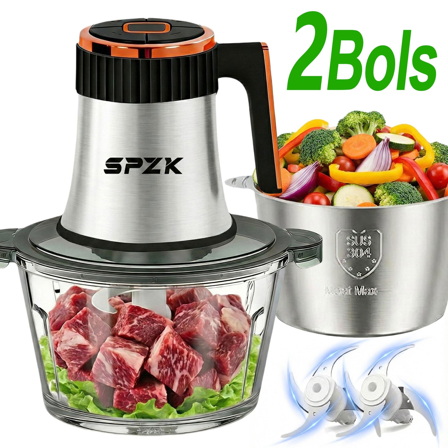 SPZTJK Food Processors, 5-Speed Electric Food Chopper with Vegetable Chopper & Meat Grinder - 2 Bowls (8 Cup Stainless Steel+8 Cup Glass), 300W, 2 Sets of 4 Bi-Level Blades for Vegetable/Fruits/Meat