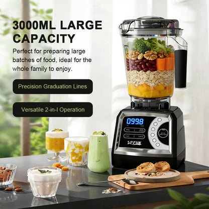 SPZTJK 2-in-1 blender with six functions and ninespeed settings, featuring a 3.0-liter cup and 800-milliliter grinding cup.