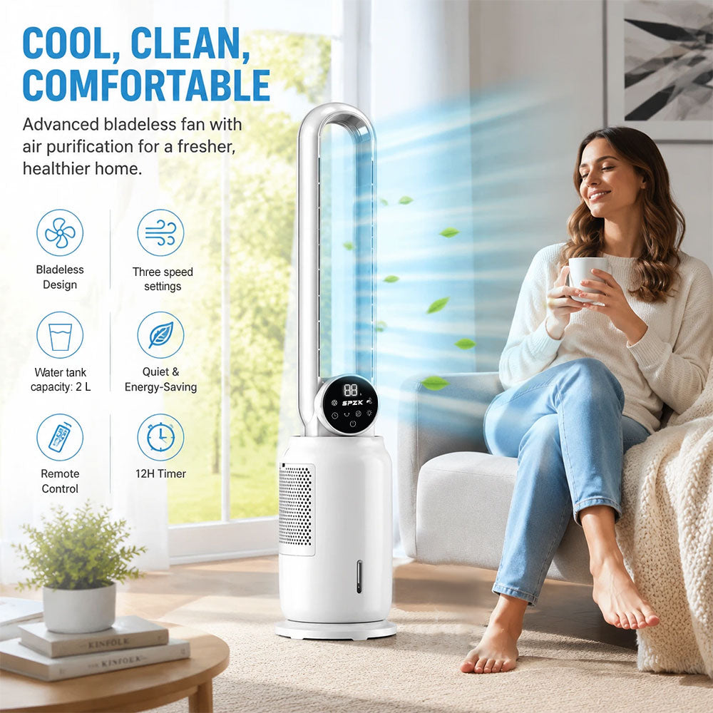 SPZK Bladeless Tower Fan with Air Cooler Function, 3-in-1 Quiet Cooling Fan with Remote Control & LED Display, 9-Speed Adjustable Bladeless Fan for Bedroom, Home Office & Summer Use