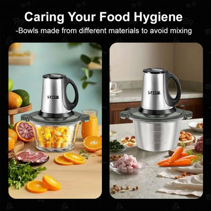 SPZTJK 3-Speed Electric Food Processor: Meat Grinder, Vegetable Chopper & Baby Food Maker - 300W, 2 Bowls (8 Cup Stainless Steel+8 Cup Glass), Quiet Operation
