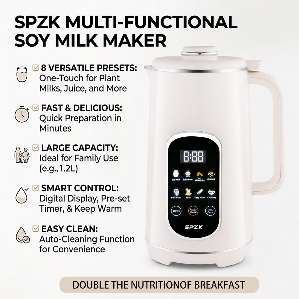 SPZK White Multi-Functional Soy Milk Maker 800ml Mini Automatic Nut Milk Blender, 8 Preset Programs Digital Display Almond Oat Milk Maker with Self-Clean & Keep Warm Function, Portable Soup Juice Baby Food Maker for Home Daily Breakfast Camping Travel