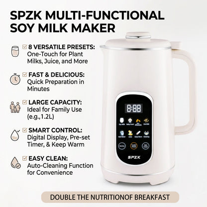 SPZK White Multi-Functional Soy Milk Maker 800ml Mini Automatic Nut Milk Blender, 8 Preset Programs Digital Display Almond Oat Milk Maker with Self-Clean & Keep Warm Function, Portable Soup Juice Baby Food Maker for Home Daily Breakfast Camping Travel