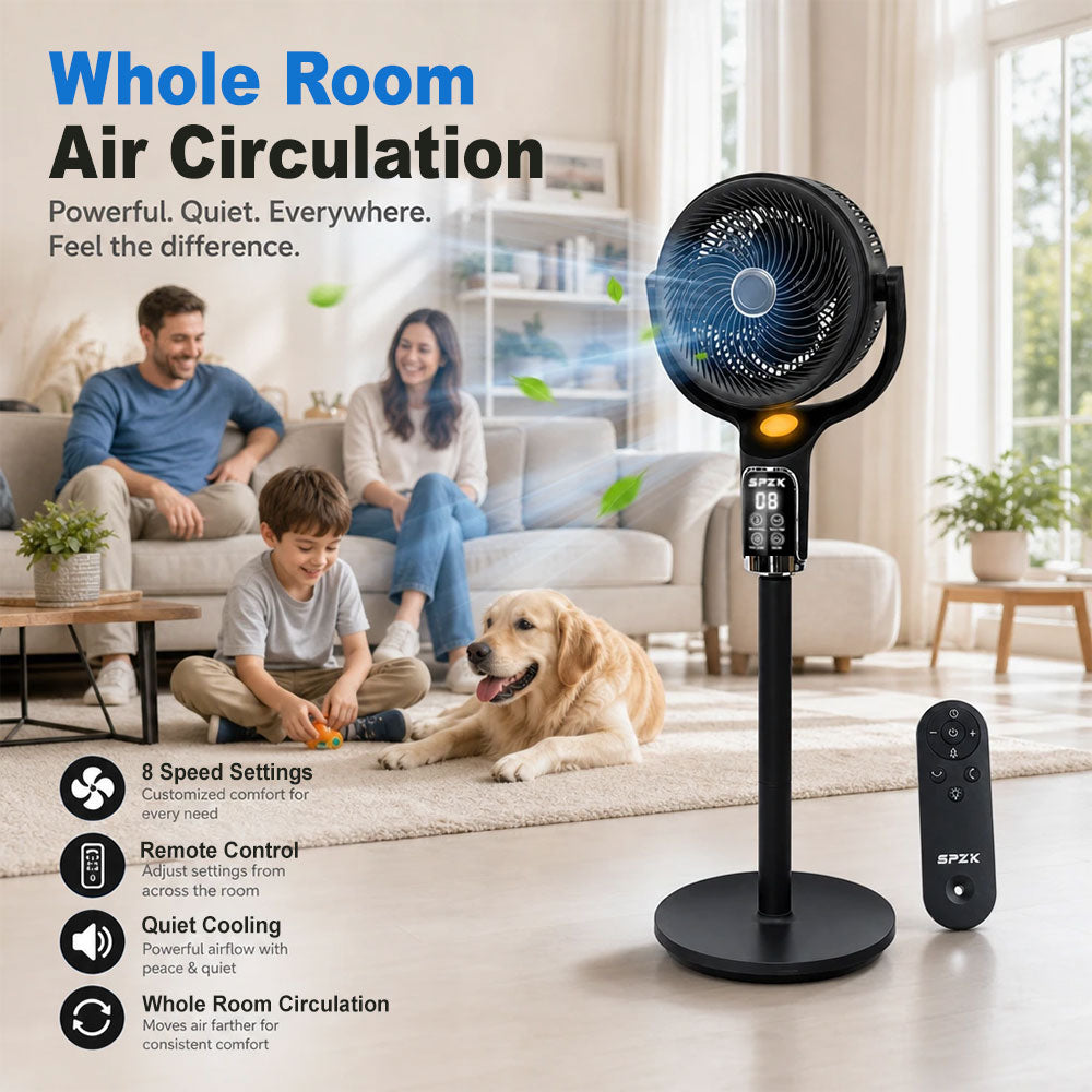 SPZK Black 360° Oscillating Standing Air Circulator Fan, Height Adjustable Pedestal Turbo Fan with Remote Control & LED Digital Display, 8 Speed Quiet Whole Room Air Circulation Fan for Bedroom Living Room Summer Home Cooling, Built-in Timer & Night Light