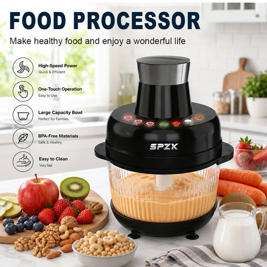 SPZK 2L Electric Food Chopper, Multi-speed Control Meat Grinder, Glass Bowl Food Processor, Black Household Style, Sharp Stainless Steel Blades, For Minced Meat, Baby Food, Vegetable Mashing, Thanksgiving Cooking, Easy Clean Kitchen Mincing Tool
