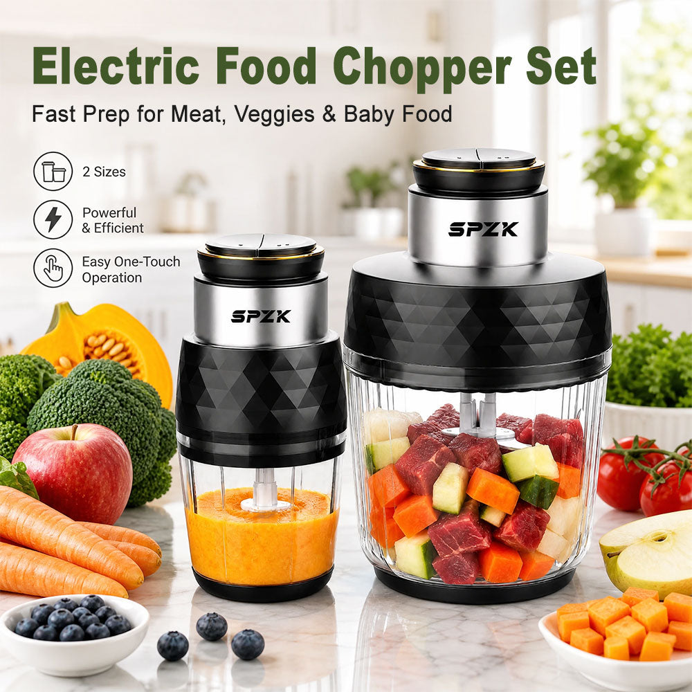 SPZK 2 Cup Set Electric Mini Food Chopper 250ml&500ml Glass Bowl Meat Grinder, 304 Stainless Steel Blade, One Touch Control, Portable Blender for Baby Food, Garlic, Onion, Fruits, Vegetables, Kitchen Gadget for Home Camping Daily Cooking