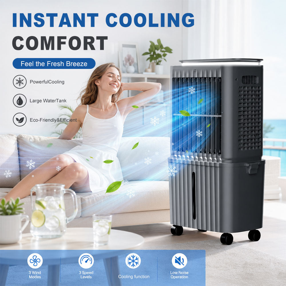 SPZK 25L Large Water Tank Evaporative Air Cooler, White Portable Swamp Cooler Fan with Remote Control & 4 Ice Packs, 3 Wind Speed Movable Cooling Air Conditioner for Home Warehouse Summer Heat Relief & Commercial Use