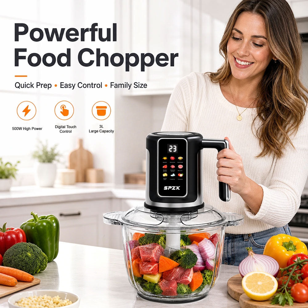 SPZK Digital Control Electric Meat Chopper with Big Transparent Glass Container, 10 Function Food Grinder Mincer with Replacement 3-Blade Cutter, Easy Clean Food Processor for Baby Puree, Bread Dough, Garlic Paste, Family Spring Summer Cooking
