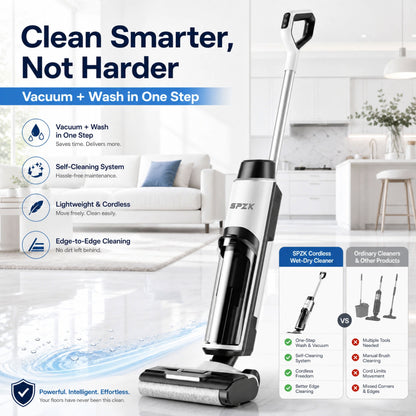 SPZK Cordless Wet Dry Vacuum Cleaner All-in-One Floor Washer, White Black Self-Cleaning Smart Floor Mop with Full Accessory Kit, Rechargeable Suction Mop for Hardwood Tile Pet Hair Home Spring Deep Cleaning Holiday Housework