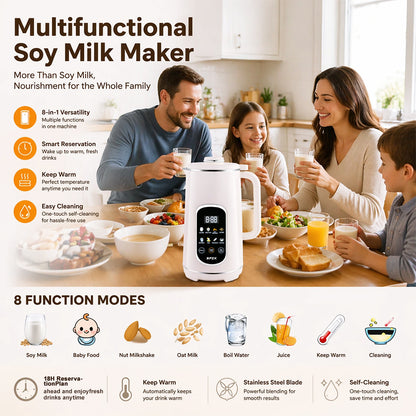 SPZK White Multi-Functional Soy Milk Maker 800ml Mini Automatic Nut Milk Blender, 8 Preset Programs Digital Display Almond Oat Milk Maker with Self-Clean & Keep Warm Function, Portable Soup Juice Baby Food Maker for Home Daily Breakfast Camping Travel