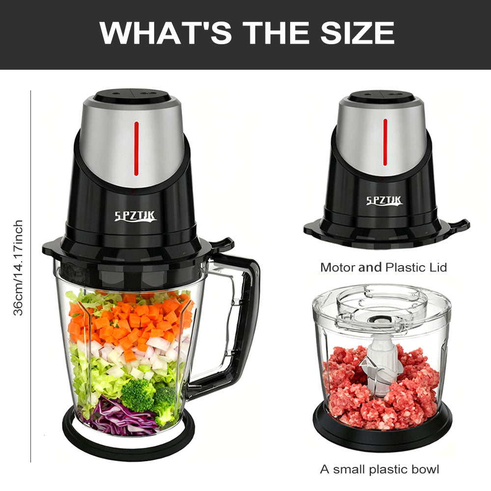 SPZTIK Dual Glass Bowl Electric Food Chopper Meat Grinder, Black Silver 2 Size Glass Containers with 2 Sets Stainless Steel Blades, 2 Speed Control Multifunctional Food Processor for Meat Vegetable Baby Puree Home Daily Cooking Holiday Meal Prep