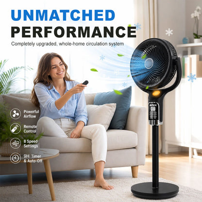 SPZK Black 360° Oscillating Standing Air Circulator Fan, Height Adjustable Pedestal Turbo Fan with Remote Control & LED Digital Display, 8 Speed Quiet Whole Room Air Circulation Fan for Bedroom Living Room Summer Home Cooling, Built-in Timer & Night Light