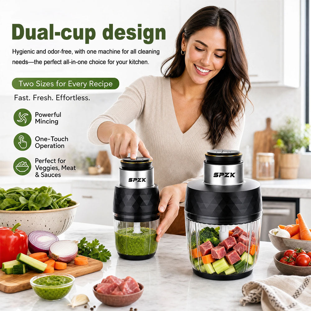 SPZK 2 Cup Set Electric Mini Food Chopper 250ml&500ml Glass Bowl Meat Grinder, 304 Stainless Steel Blade, One Touch Control, Portable Blender for Baby Food, Garlic, Onion, Fruits, Vegetables, Kitchen Gadget for Home Camping Daily Cooking