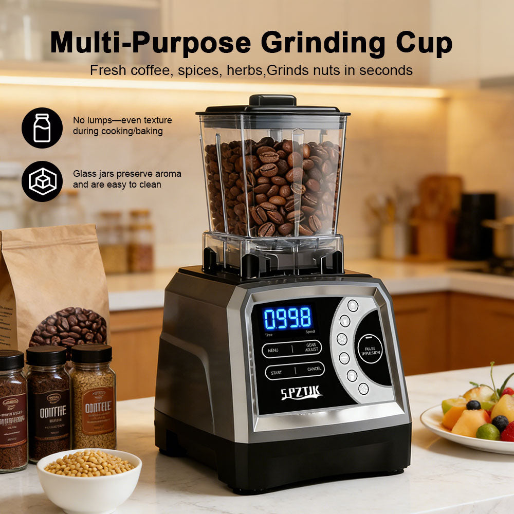 SPZTJK 2-in-1 blender with six functions and ninespeed settings, featuring a 3.0-liter cup and 800-milliliter grinding cup.